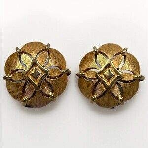 Crown Trifari Earrings Gold Tone Dome Geometric Design Clip On 1960's Vintage